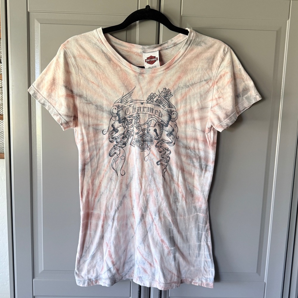 Harley‎ Davidson Womens Y2K Charmed Tie Dye Babydoll Crew T-Shirt,Peach Gray,L